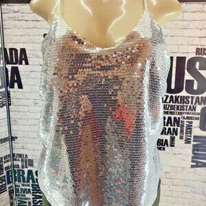L SilverGray Sequin Lined Crop Racerback Camisole Top